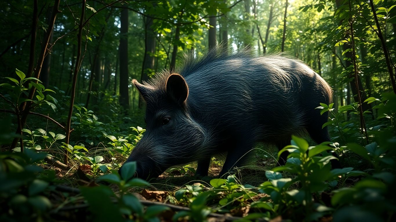 Fêmea de javali buscando comida na floresta.