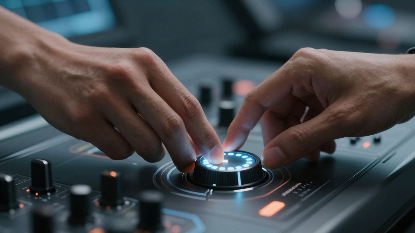 Hands adjusting a dial on a futuristic control panel.