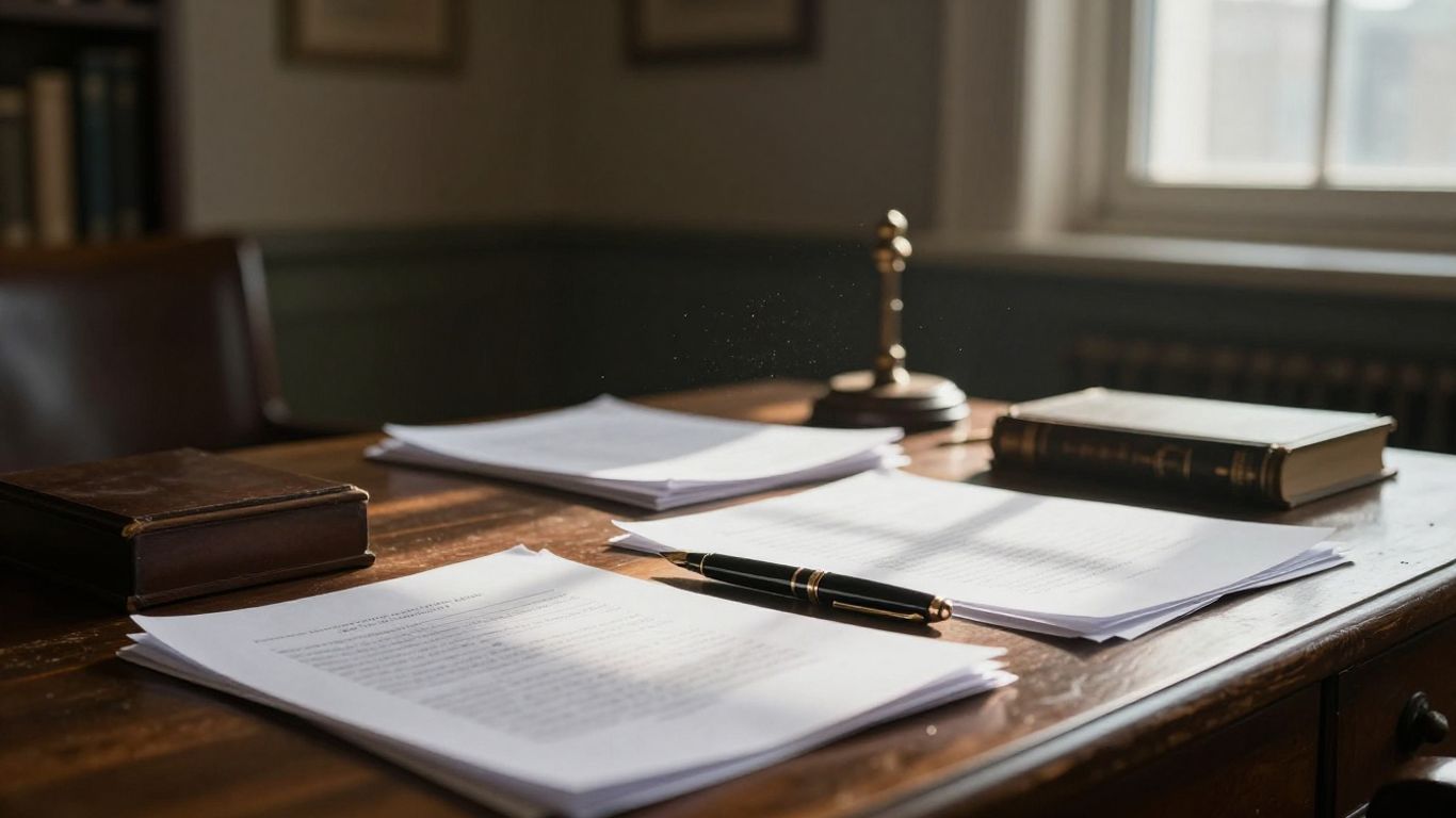 Desk with legal documents and pen, sunlight.