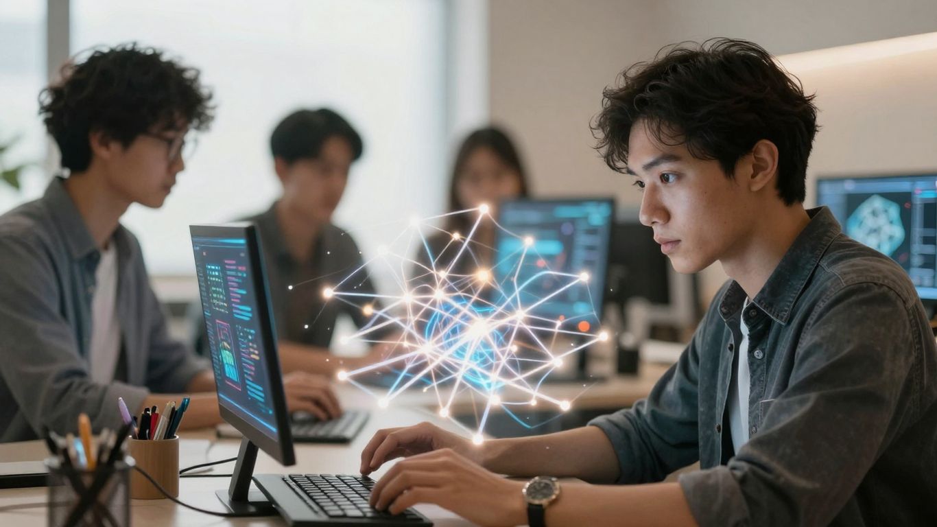 Person learning AI with glowing digital patterns.