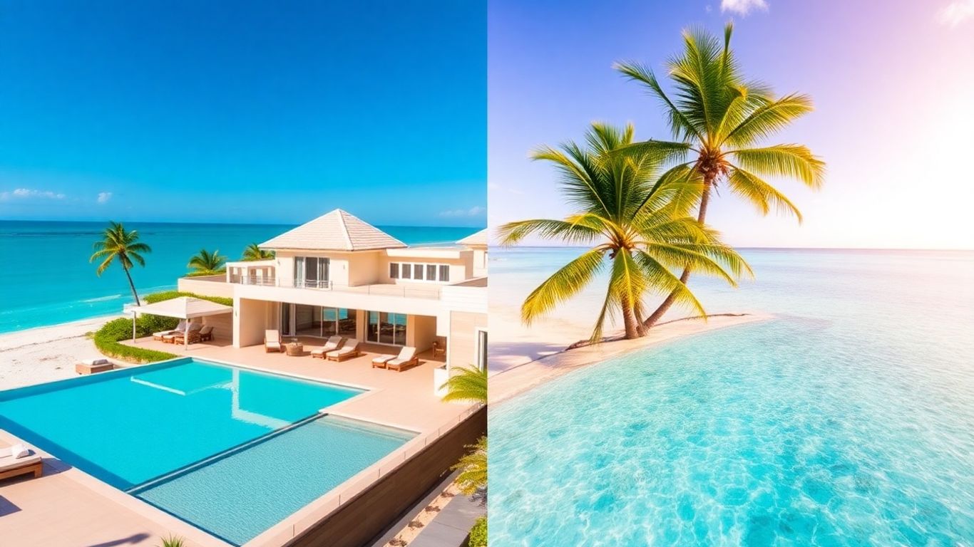 Split image of luxury villa and vibrant beach on Thai islands.