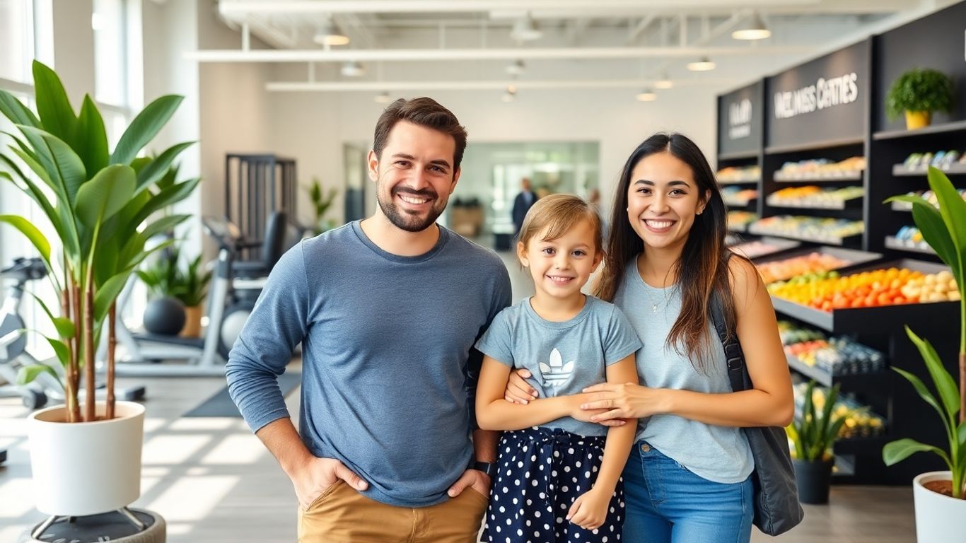Familie fericită la centru wellness modern pentru sănătate.