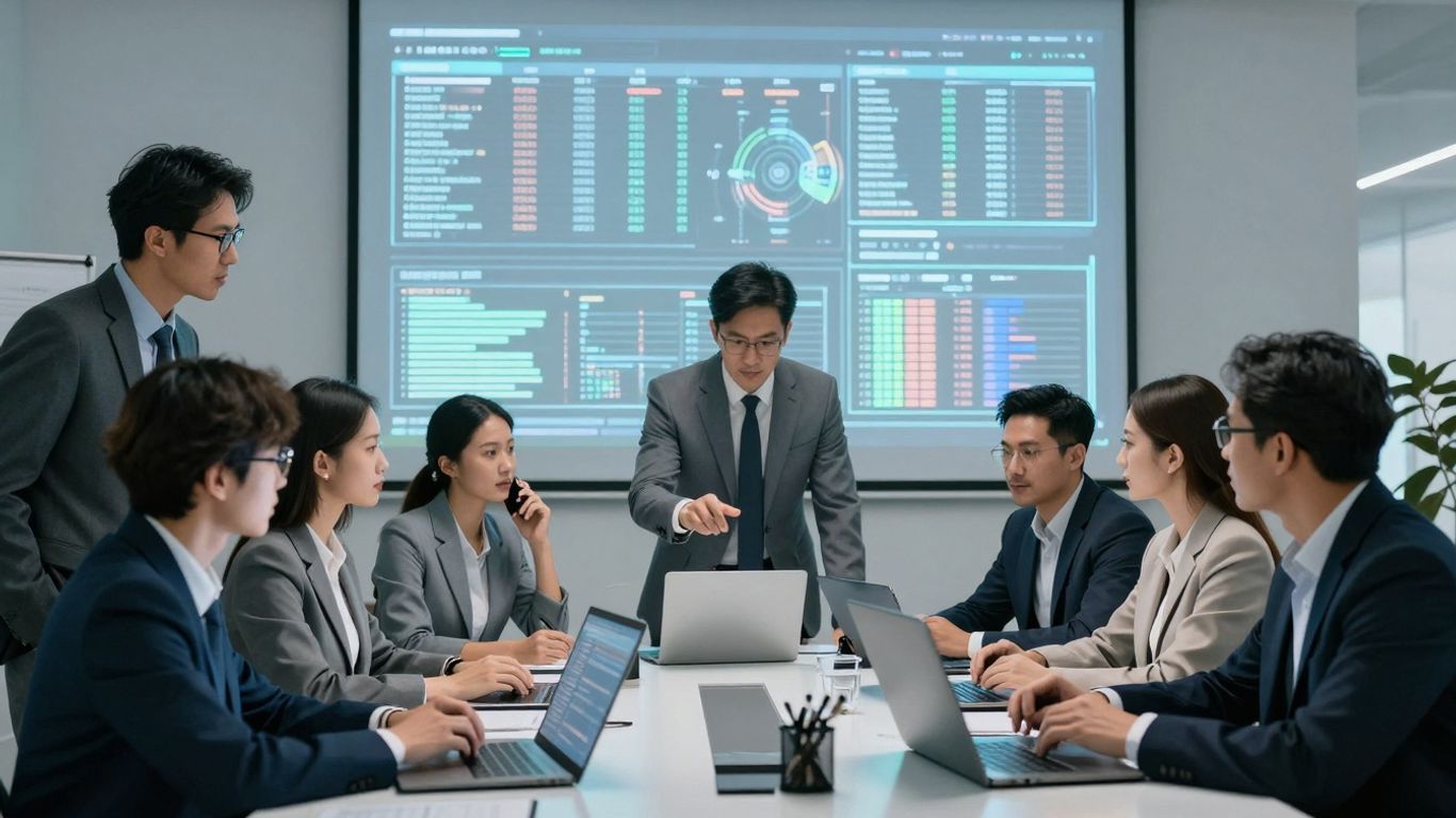 Oameni analizând date pe ecrane luminoase.