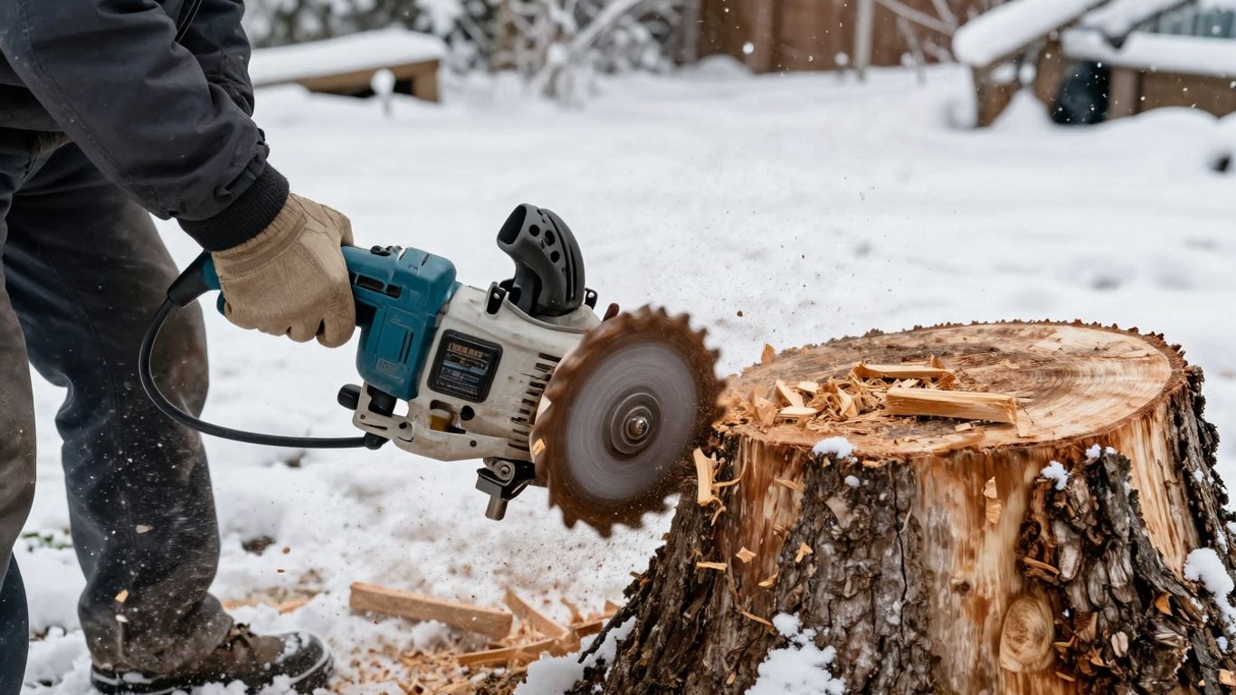 Stump grinder working on a snowy winter day.
