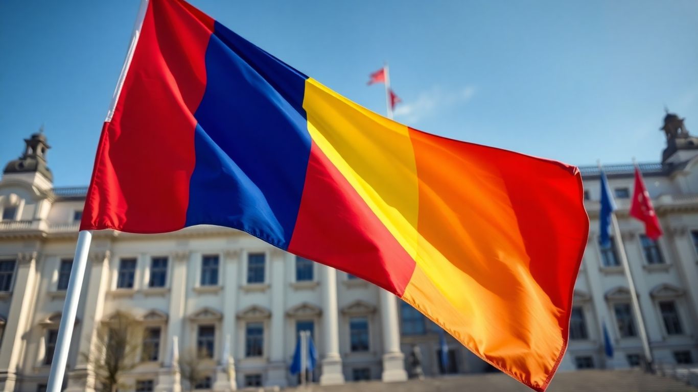 Steagul României fluturând în fața Parlamentului European.