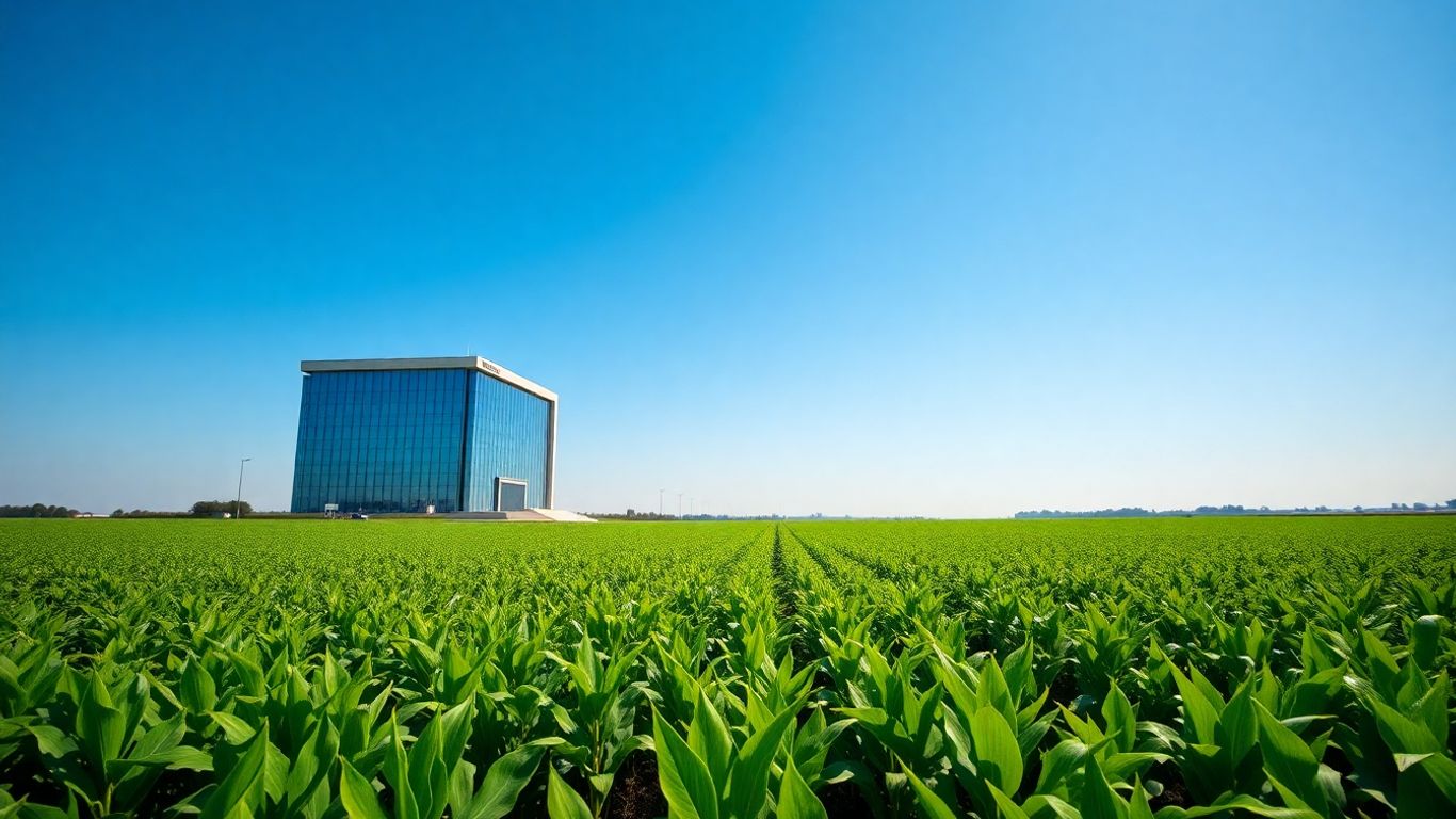 Campo de soja e prédio do Banco do Brasil.