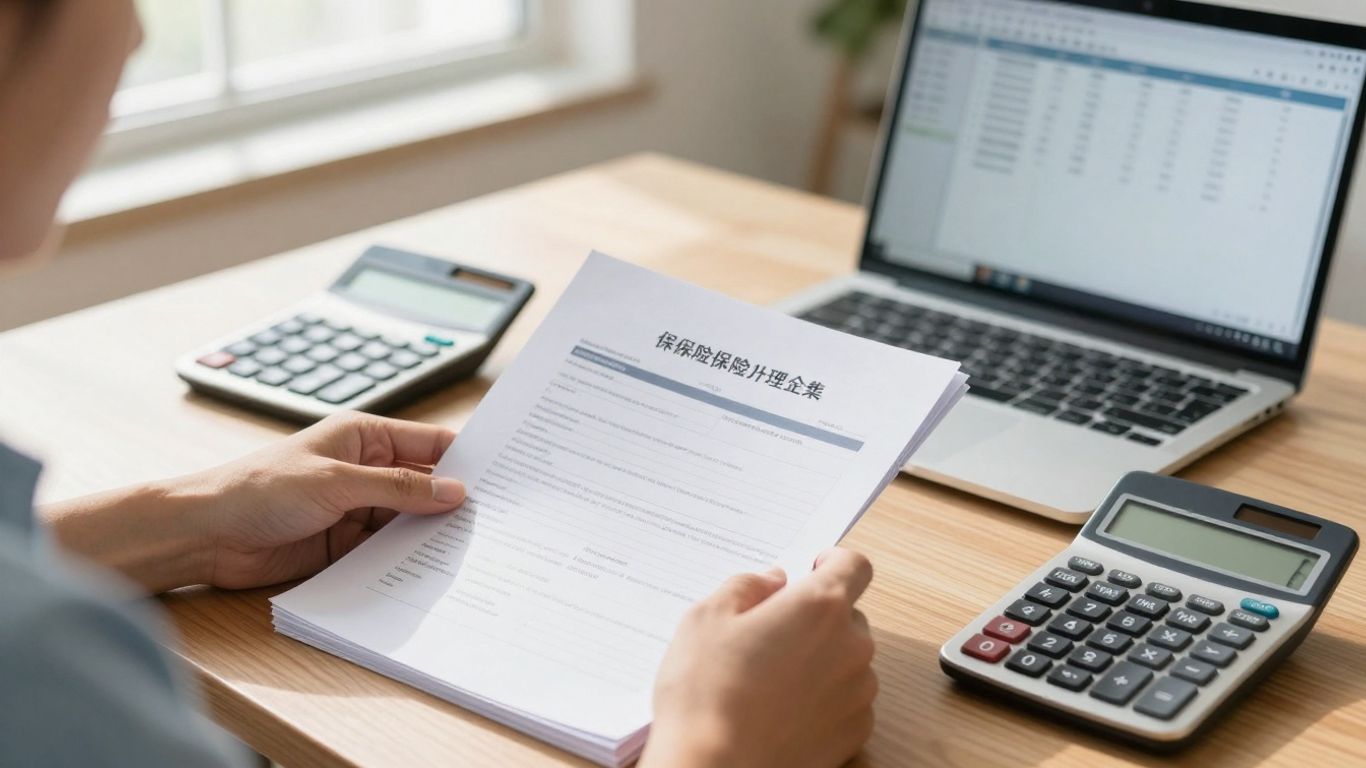 Renters insurance claim documents and calculator on table.
