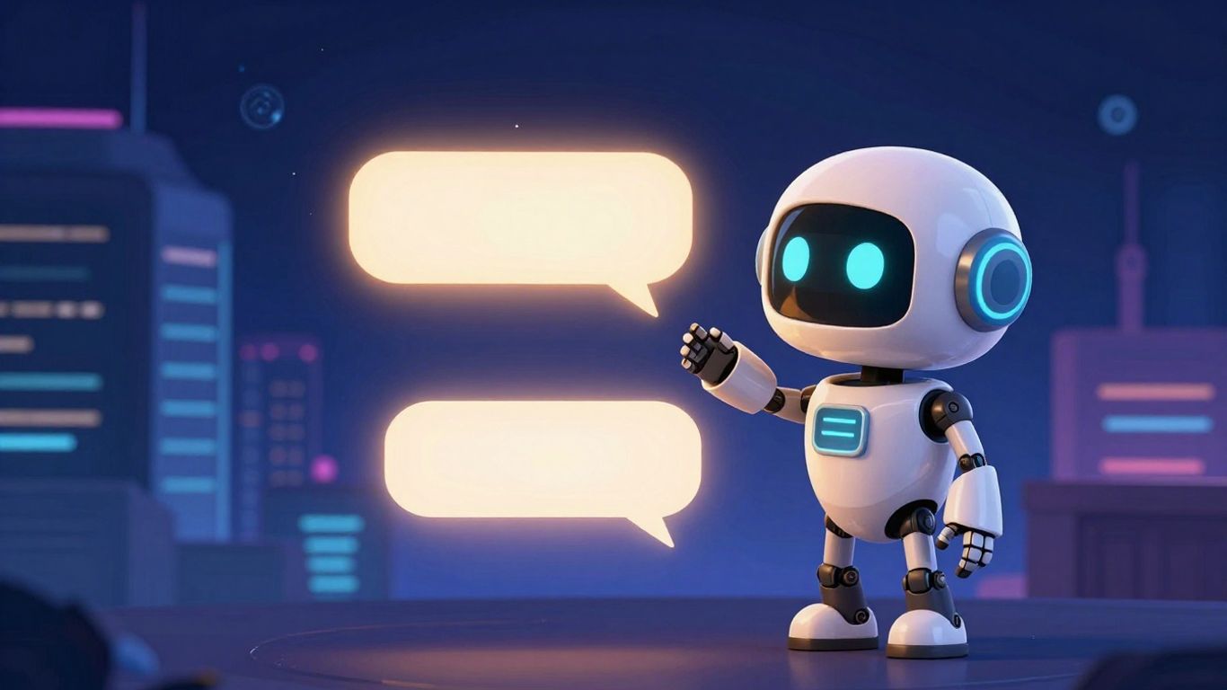 Robot character in a futuristic city with chat bubbles.