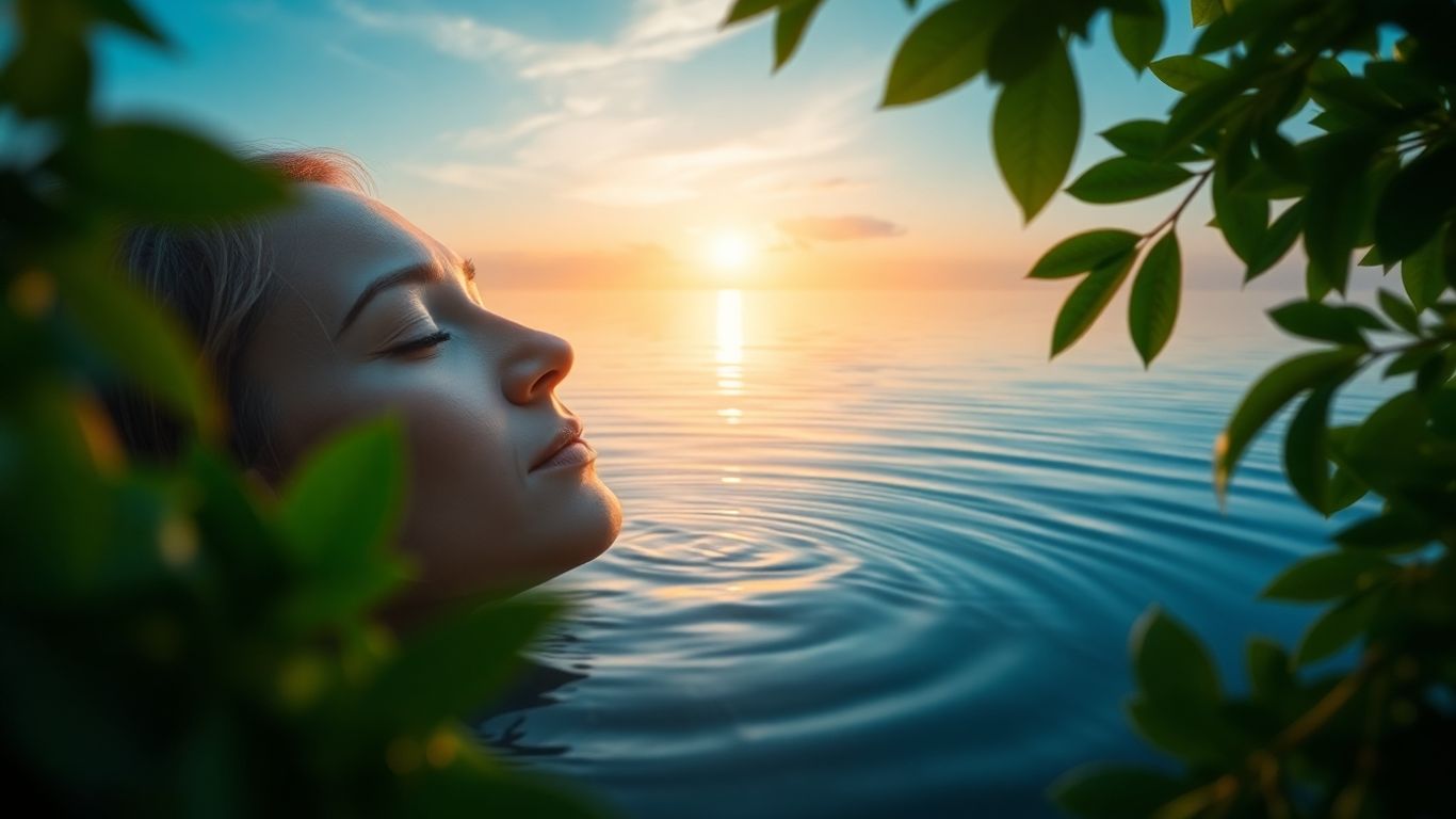 Person meditating by calm water with green leaves.