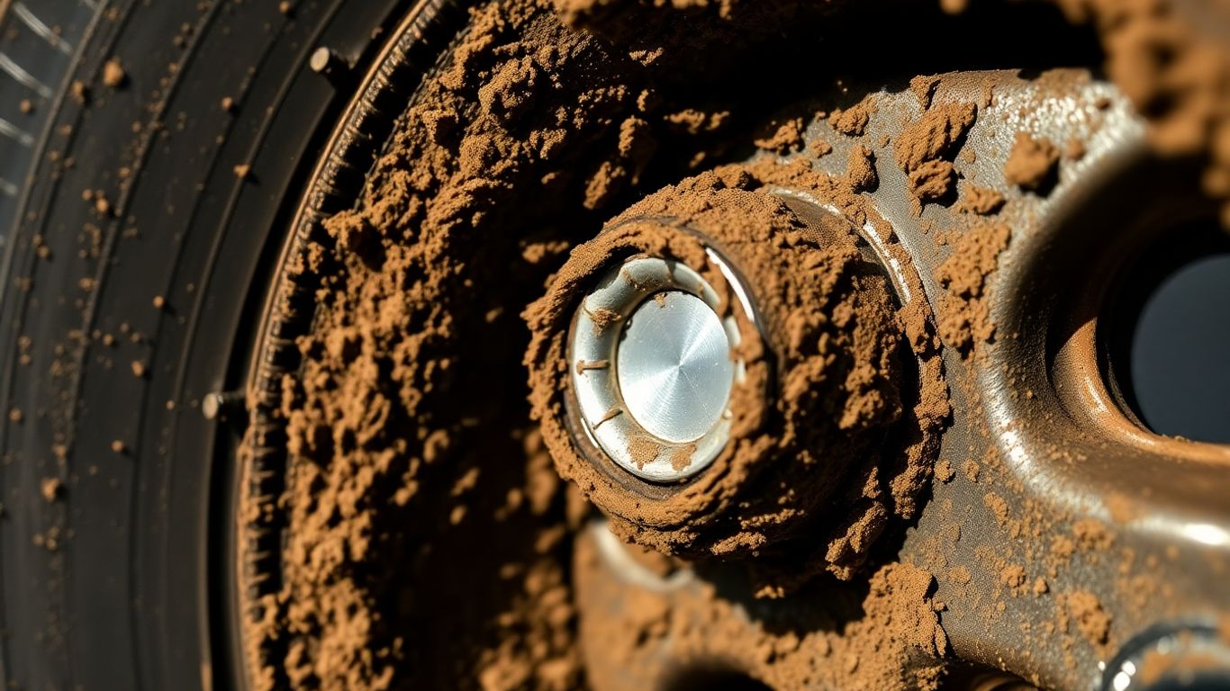 Mud-covered car valve cap on a dirty tire.
