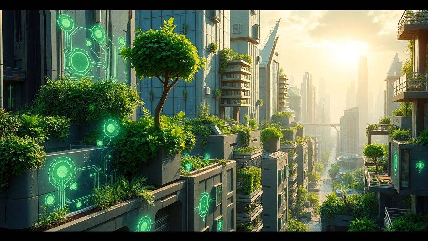 Futuristic city with integrated nature and technology.