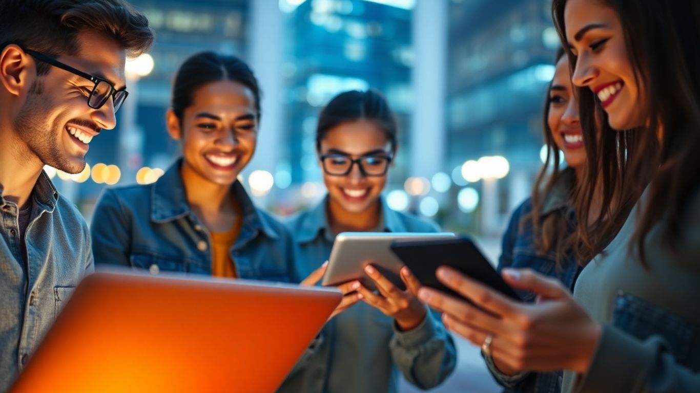 People connecting online through various devices.