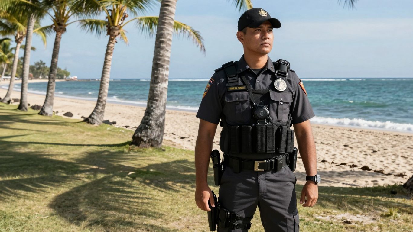 Close protection officer on a Bali beach.