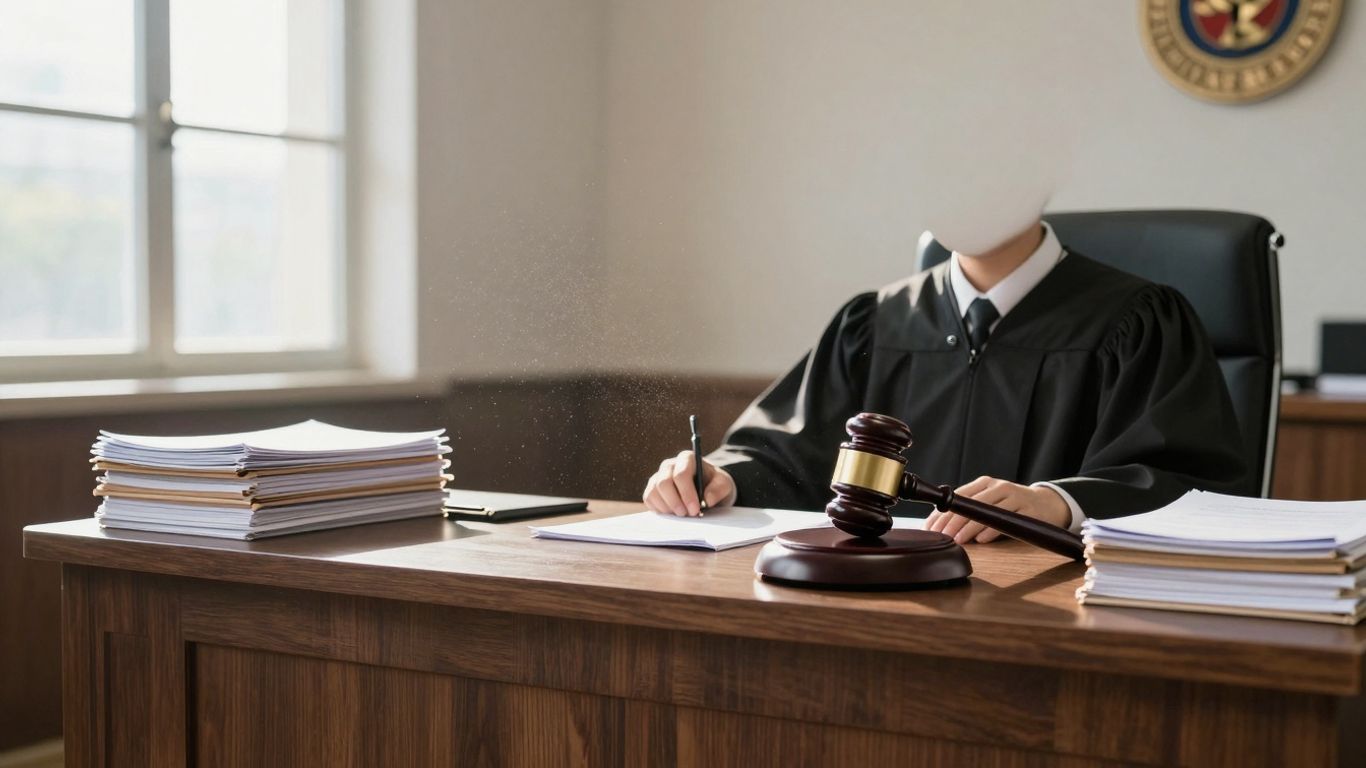 Courtroom with judge's bench and gavel.