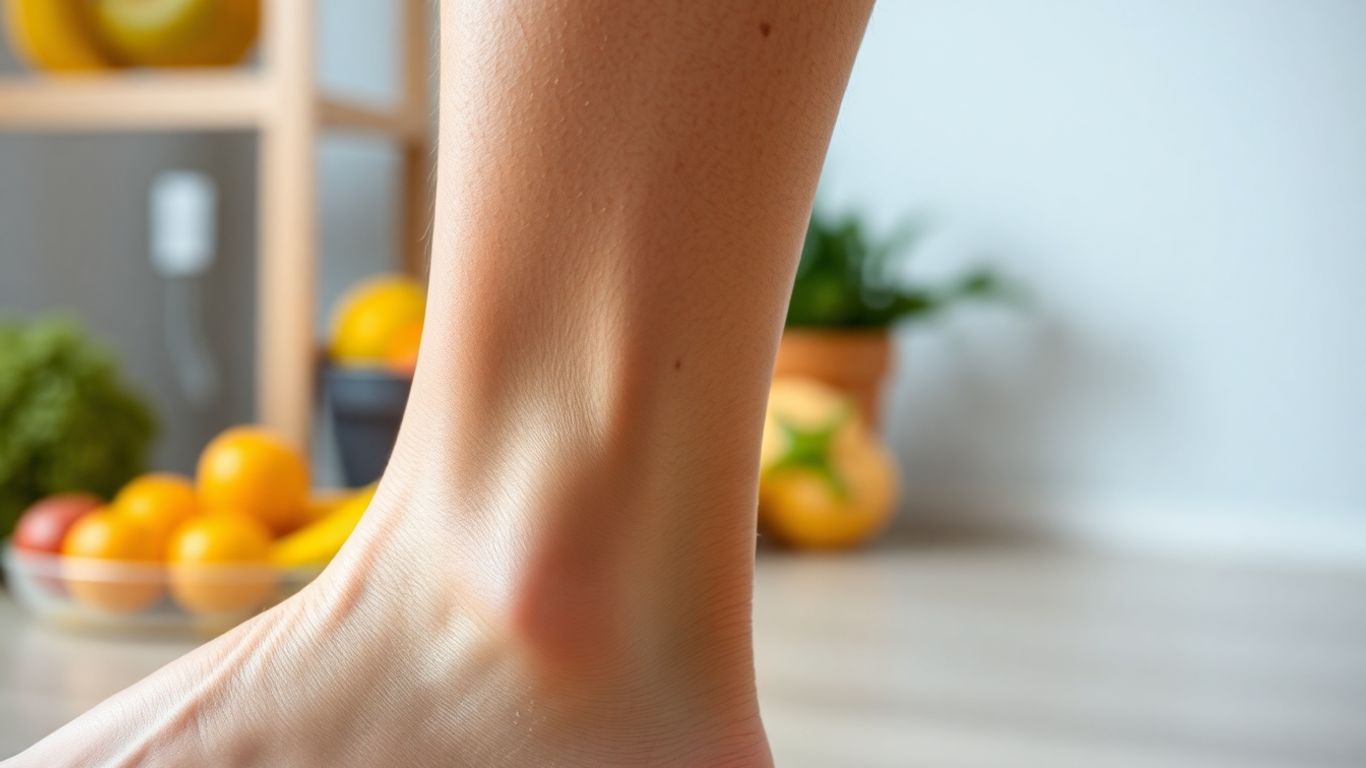 Healthy calf muscle with blurred nutritious foods in background.