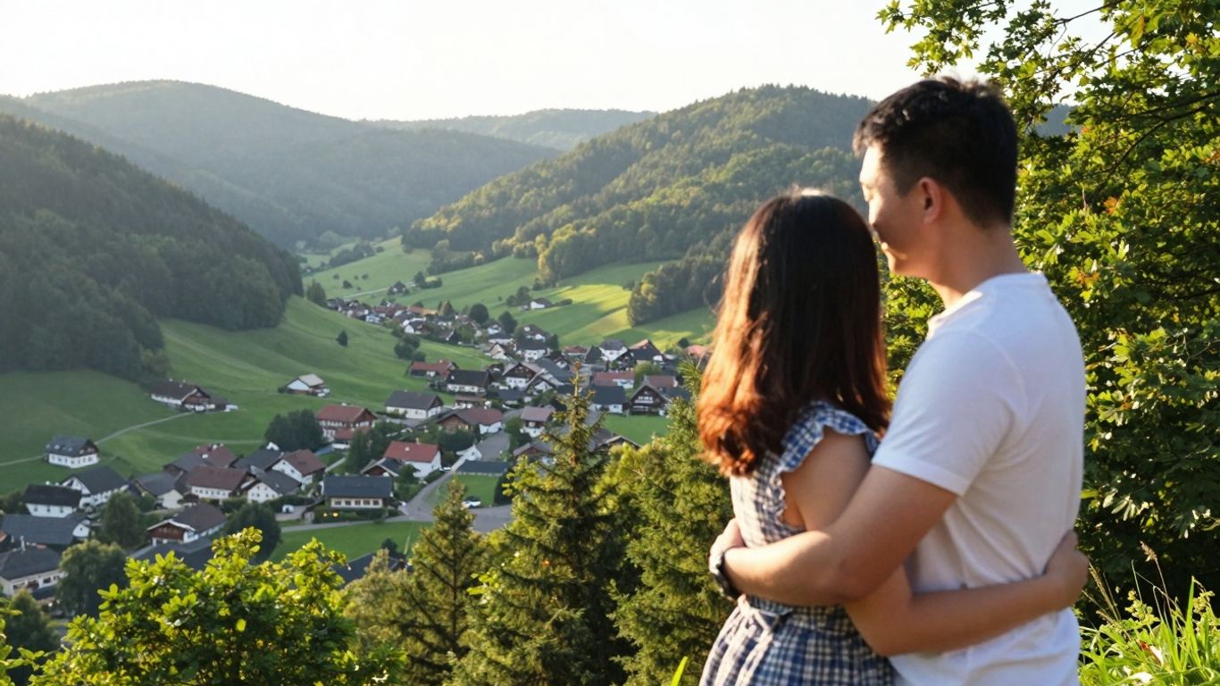 Romantisches Paar auf einem Berggipfel im Harz