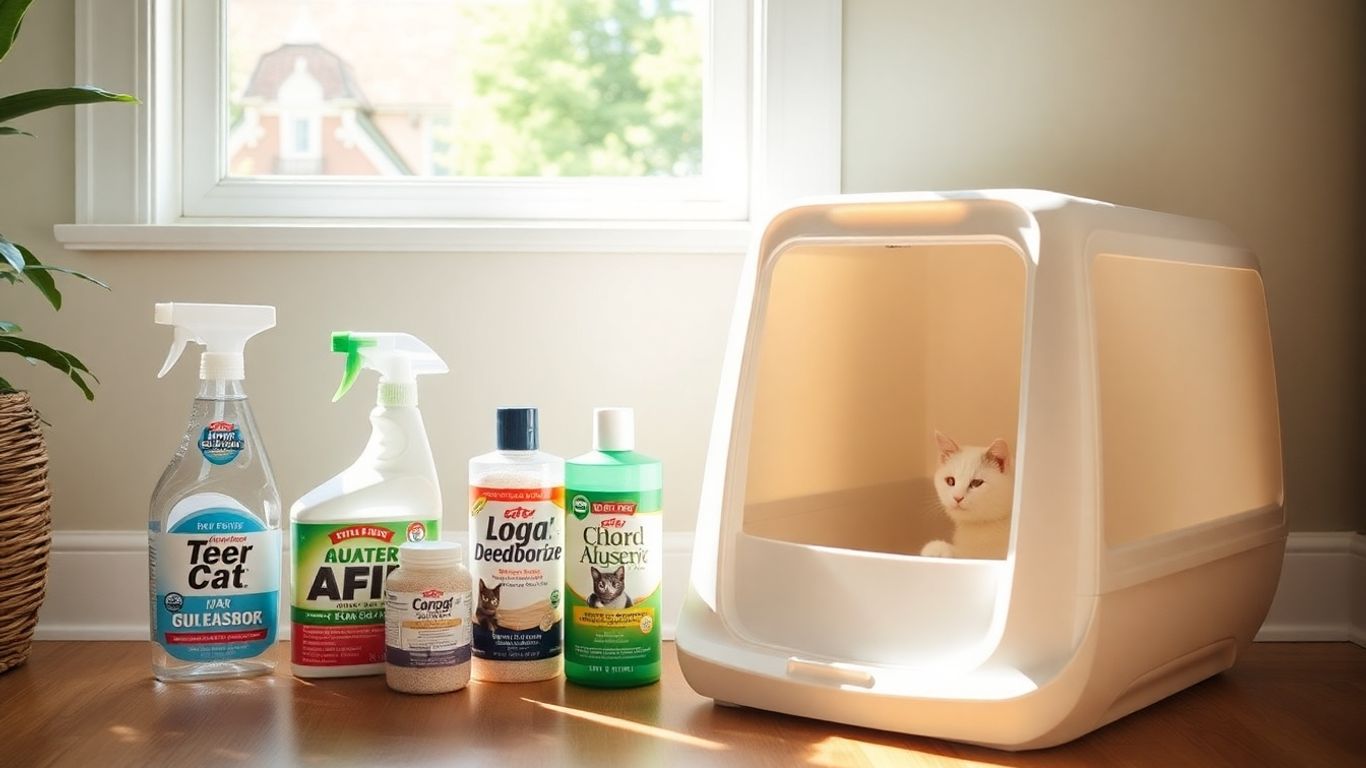 Cat litter box with deodorizing products and fresh home atmosphere.