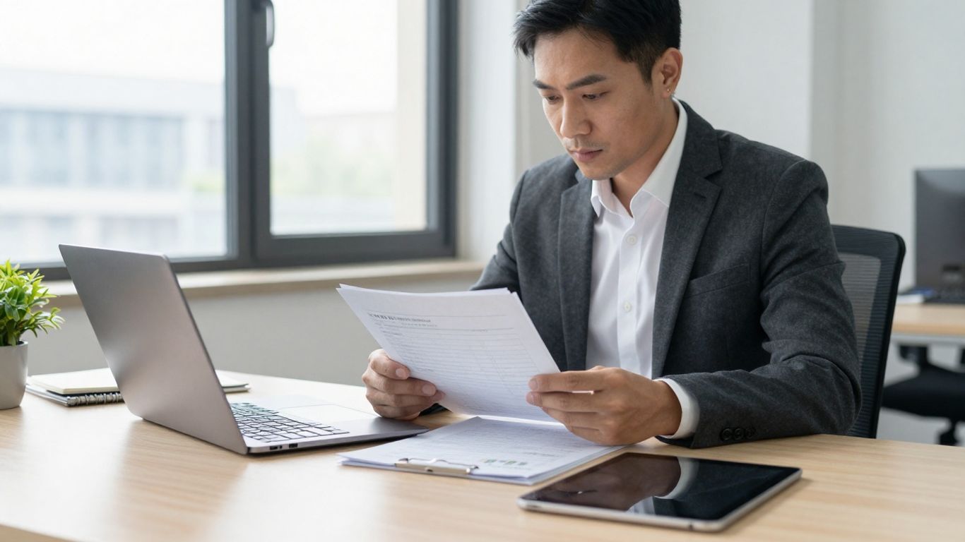 Consultant reviewing business insurance documents in an office.