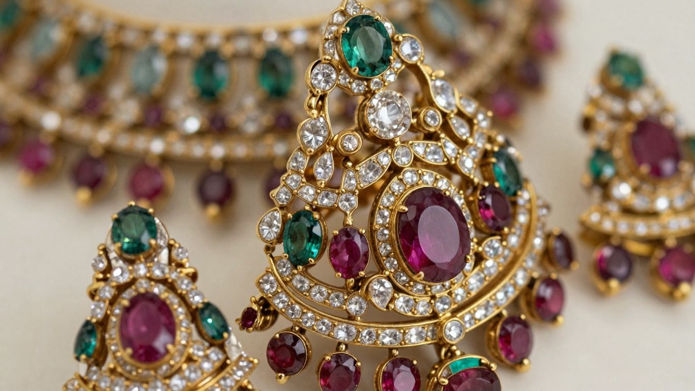 Intricate Jadau Polki jewellery set with uncut diamonds and gemstones.