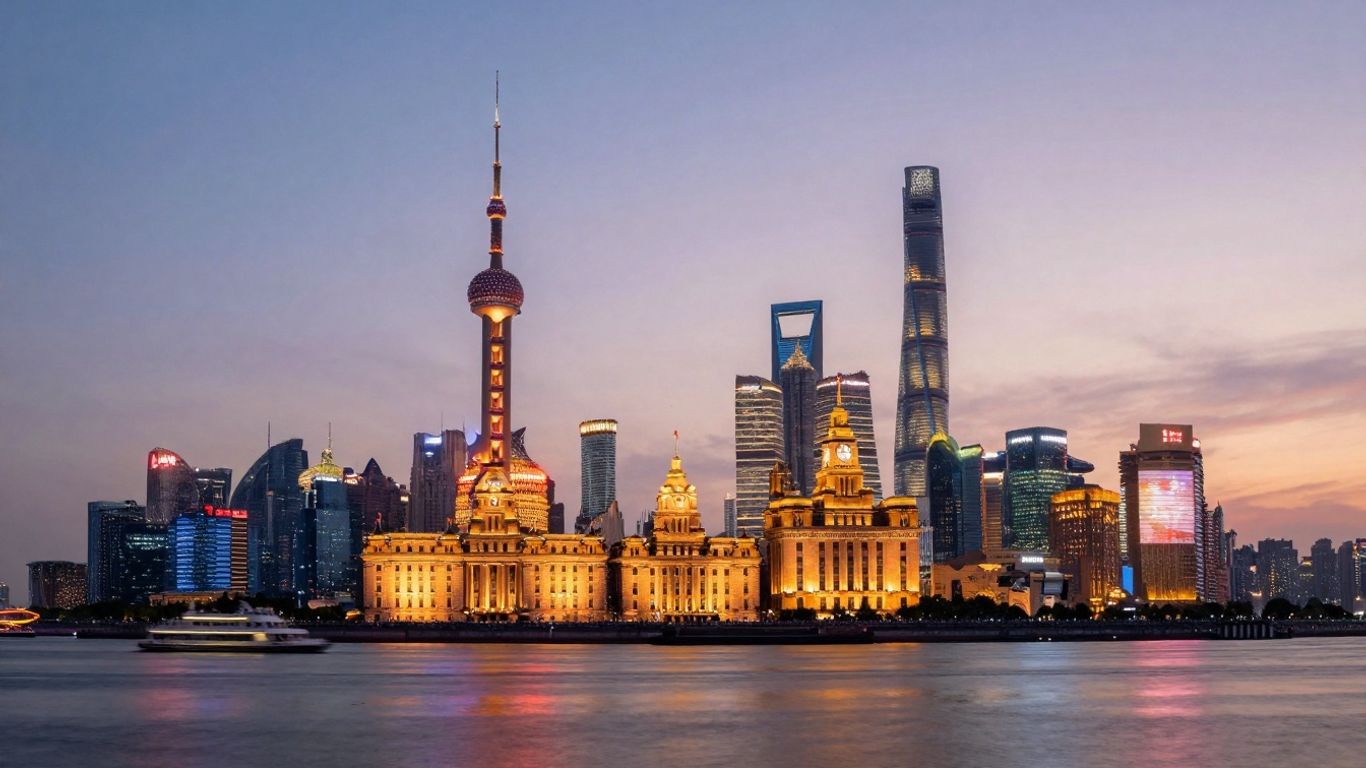 Shanghai skyline and Bund waterfront at dusk.