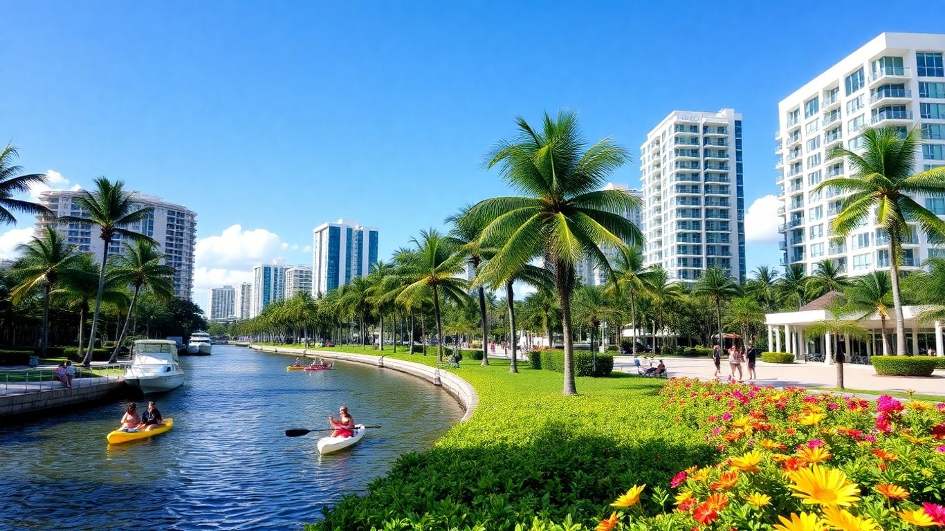 Sunny Aventura waterfront with people enjoying outdoor activities.