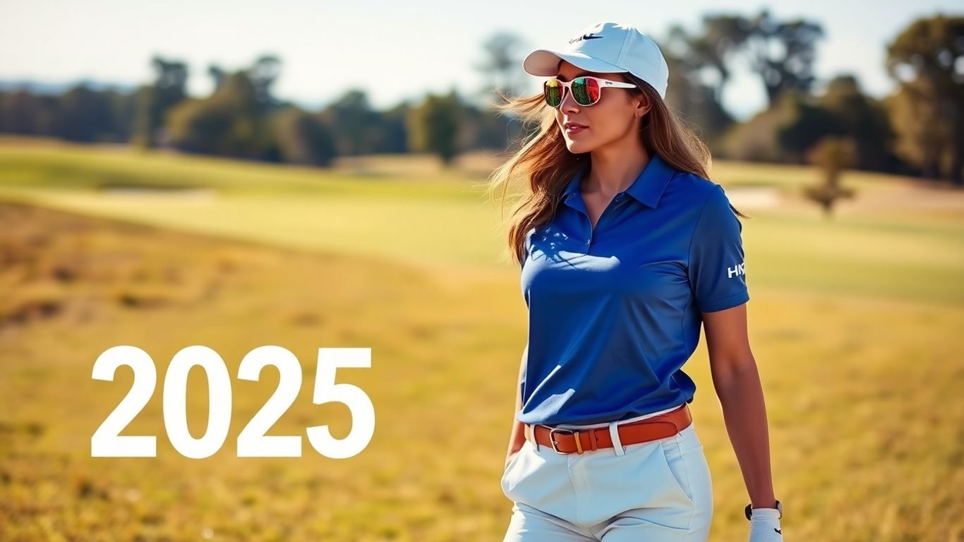 Woman in trendy 2025 golf fashion on course.
