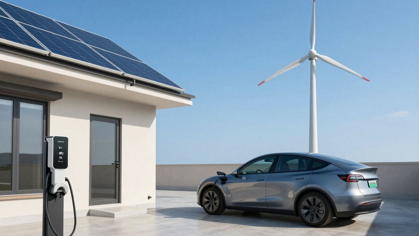 Rooftop solar panels, EV charger, and wind turbine.