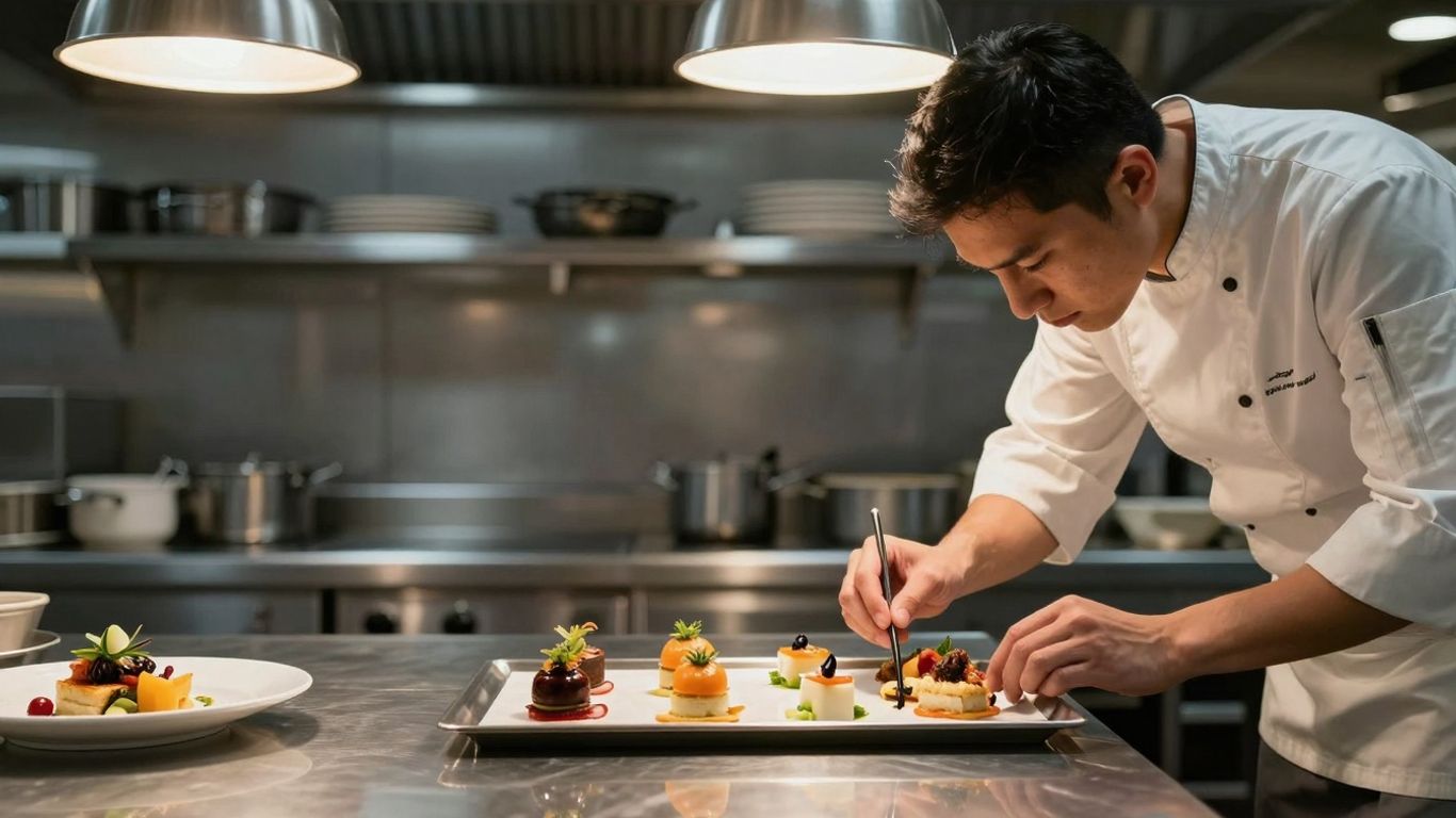 Chef preparing food in a professional kitchen.