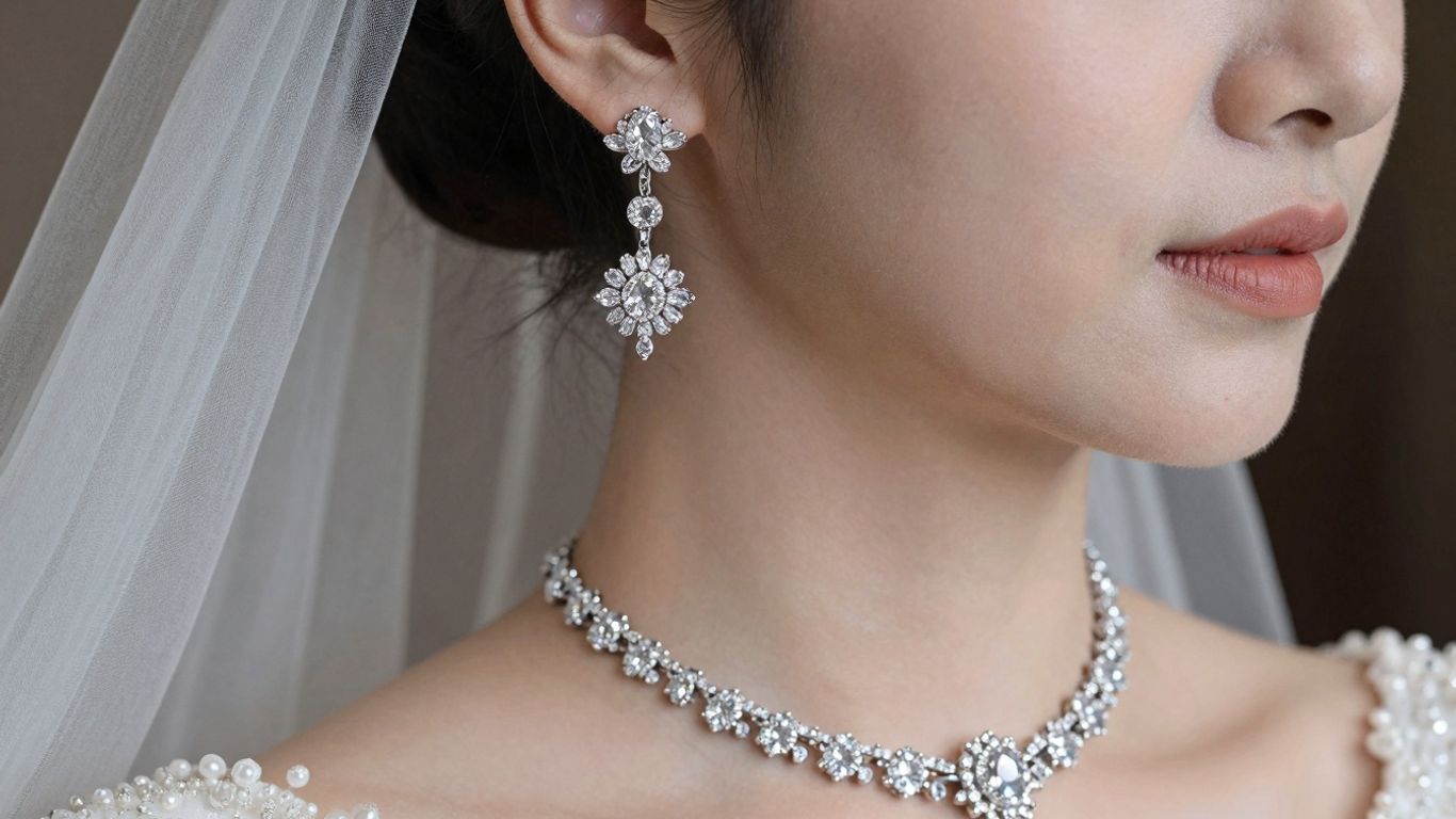 Bride wearing personalized wedding jewellery, close-up shot.