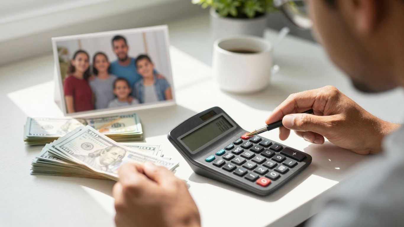 Person calculating life insurance needs with family photo.