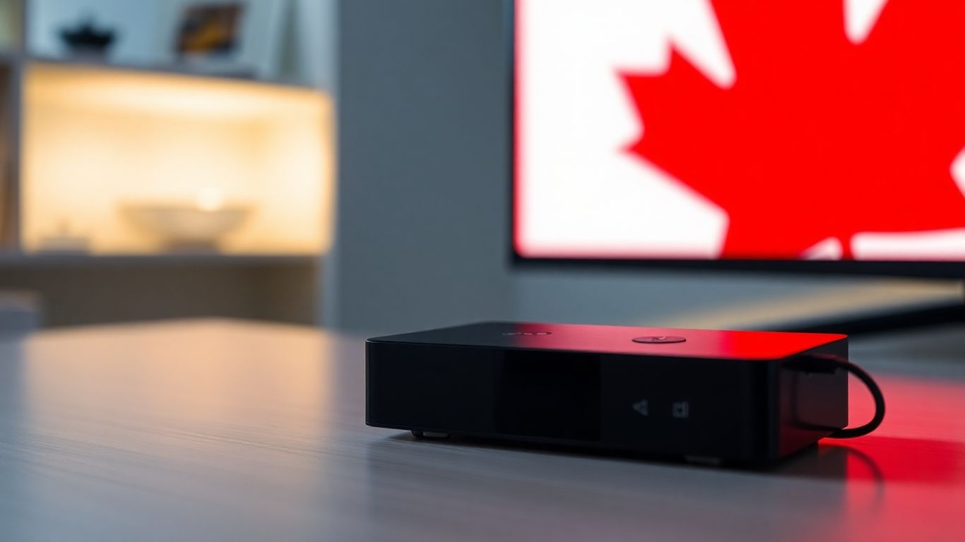 Canadian flag with streaming device and TV