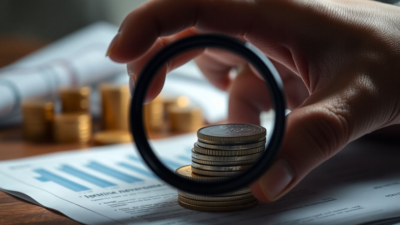 Magnifying glass over coins, financial documents blurred.