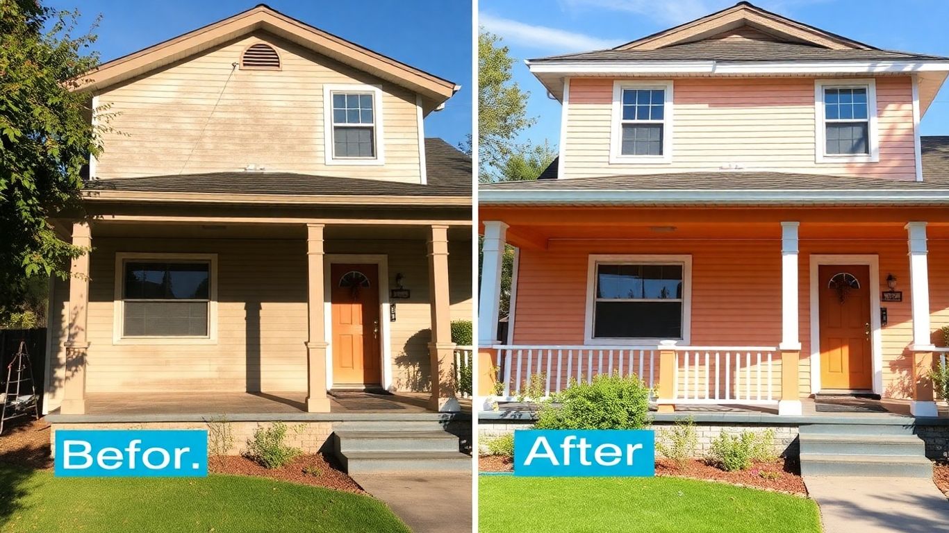 House exterior before and after dramatic paint transformation.