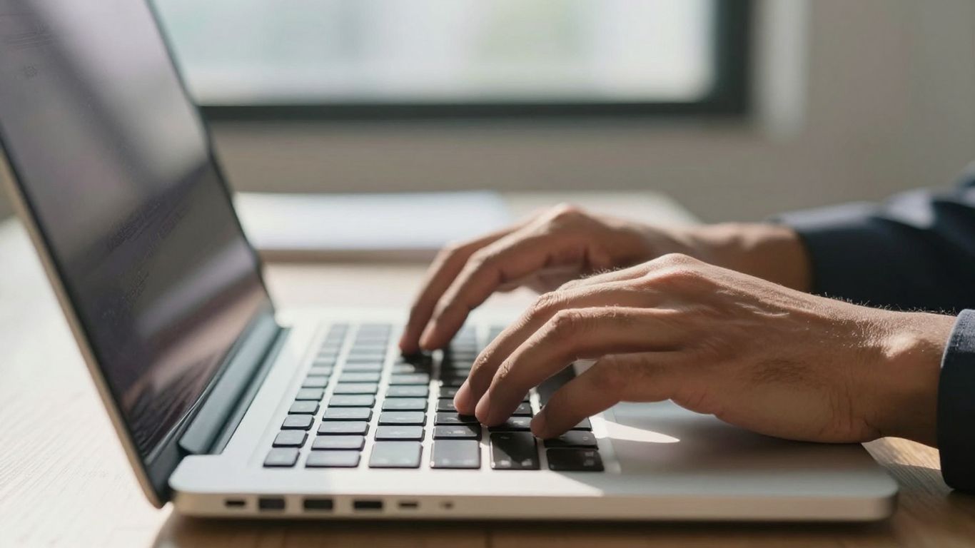 Hands typing on a laptop keyboard in a bright office.