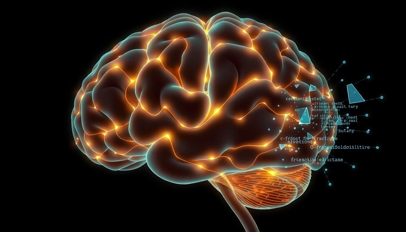 Human brain contrasted with disconnected digital code fragments.