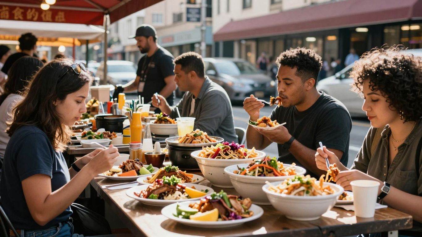 Străzi pline de viață cu mâncare delicioasă în San Francisco.