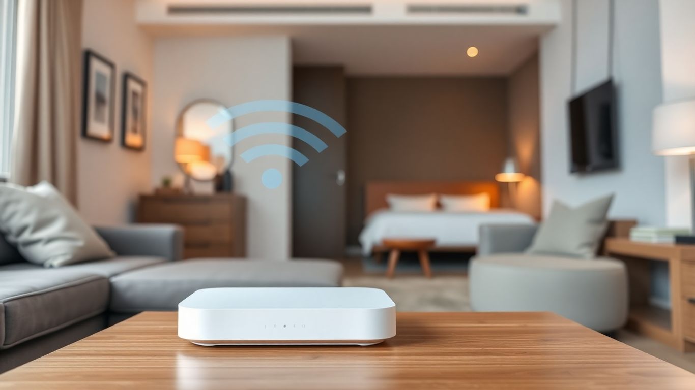 Roteador mesh em sala de estar com sinais Wi-Fi.