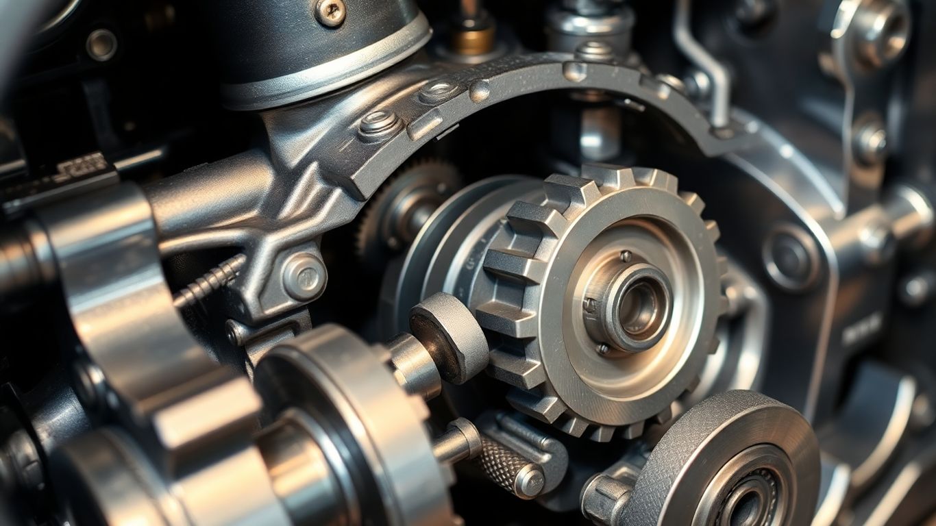 Automotive gearbox with visible gears and mechanical parts.