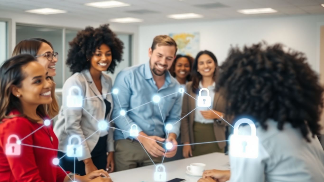 People interacting with secure digital data elements.