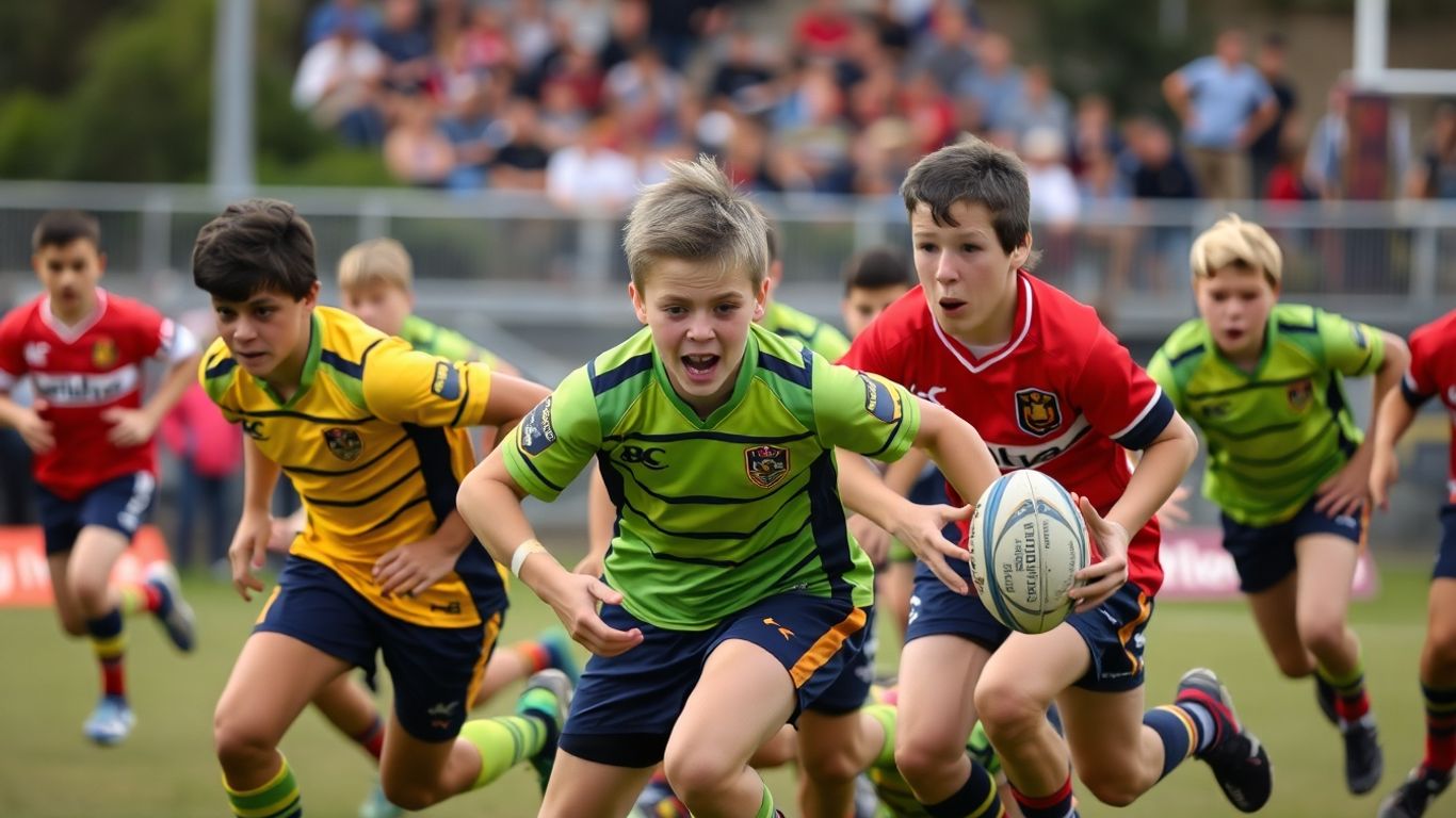 Schoolboy rugby league players in a competitive match.