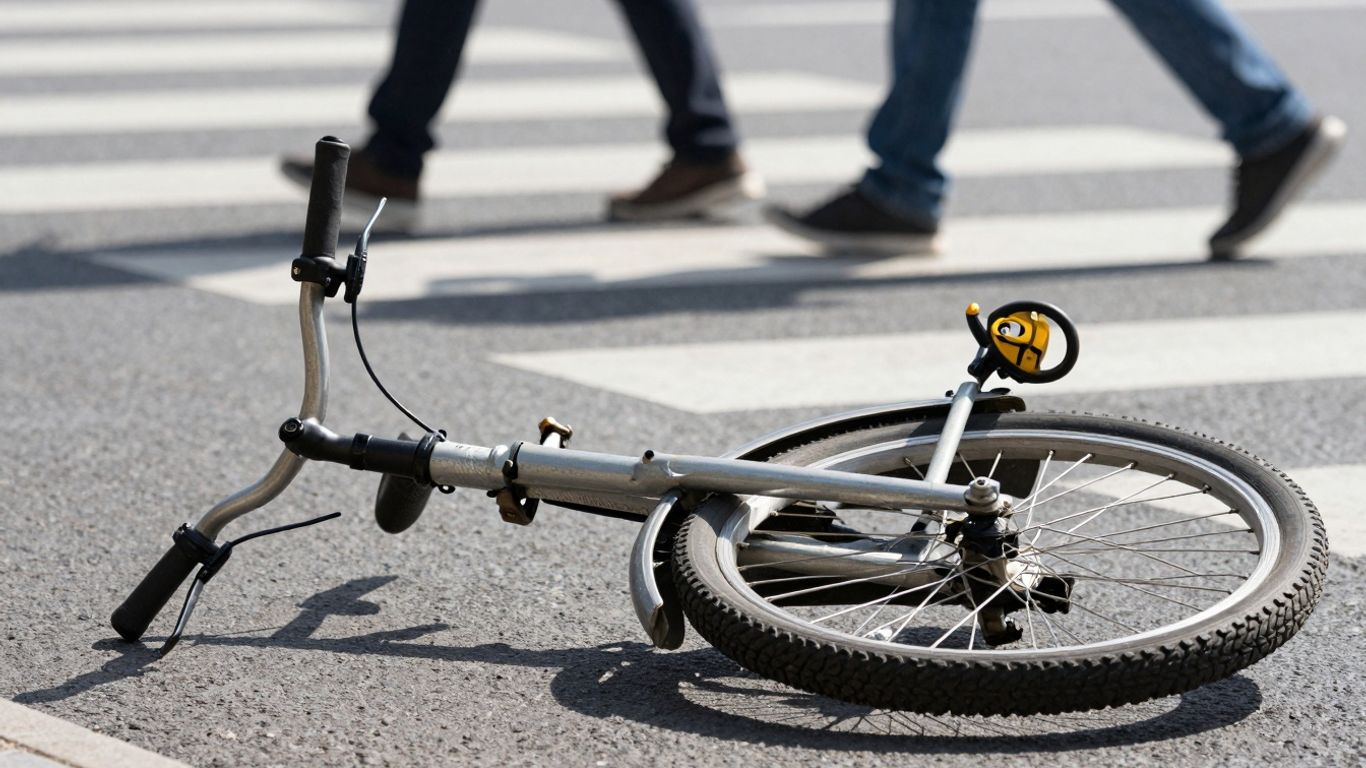 Damaged bicycle on asphalt near pedestrian crossing.