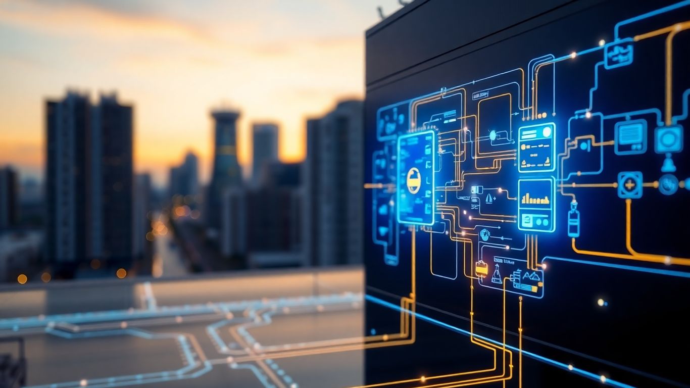 Microgrid controller managing energy flow in a modern city.