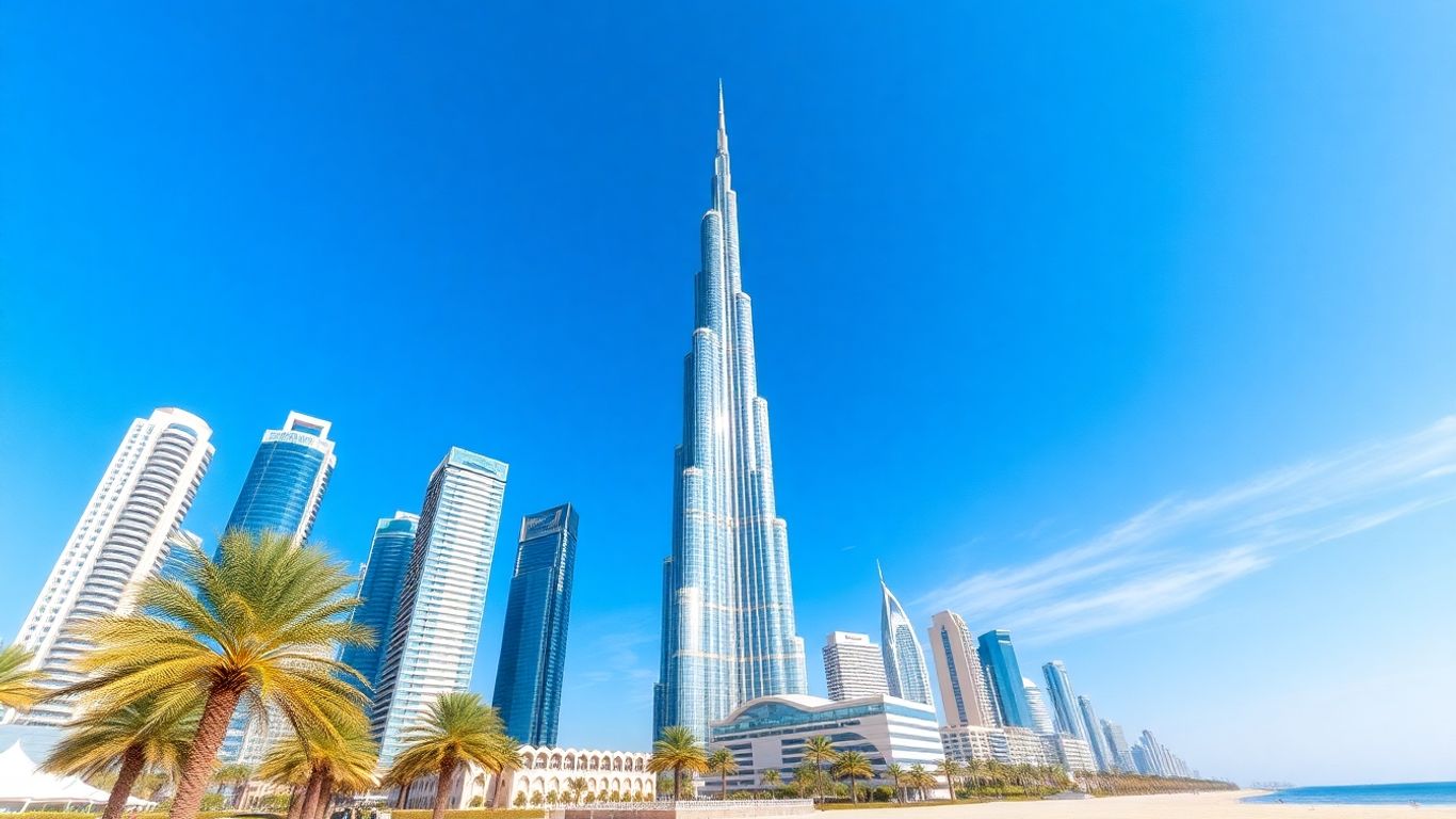 Peisaj urban Dubai cu zgârie-nori și plajă