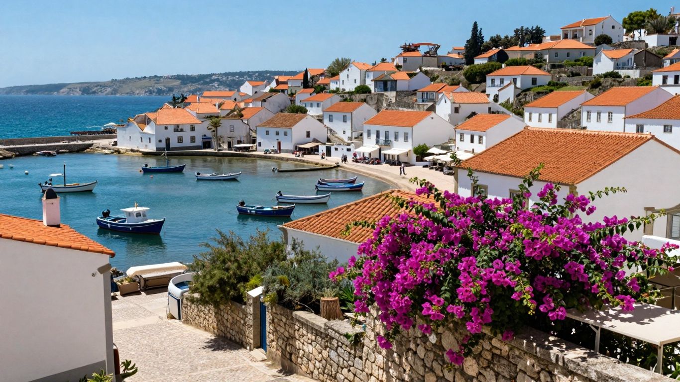 Scenic view of a Portuguese coastal village with blue ocean.