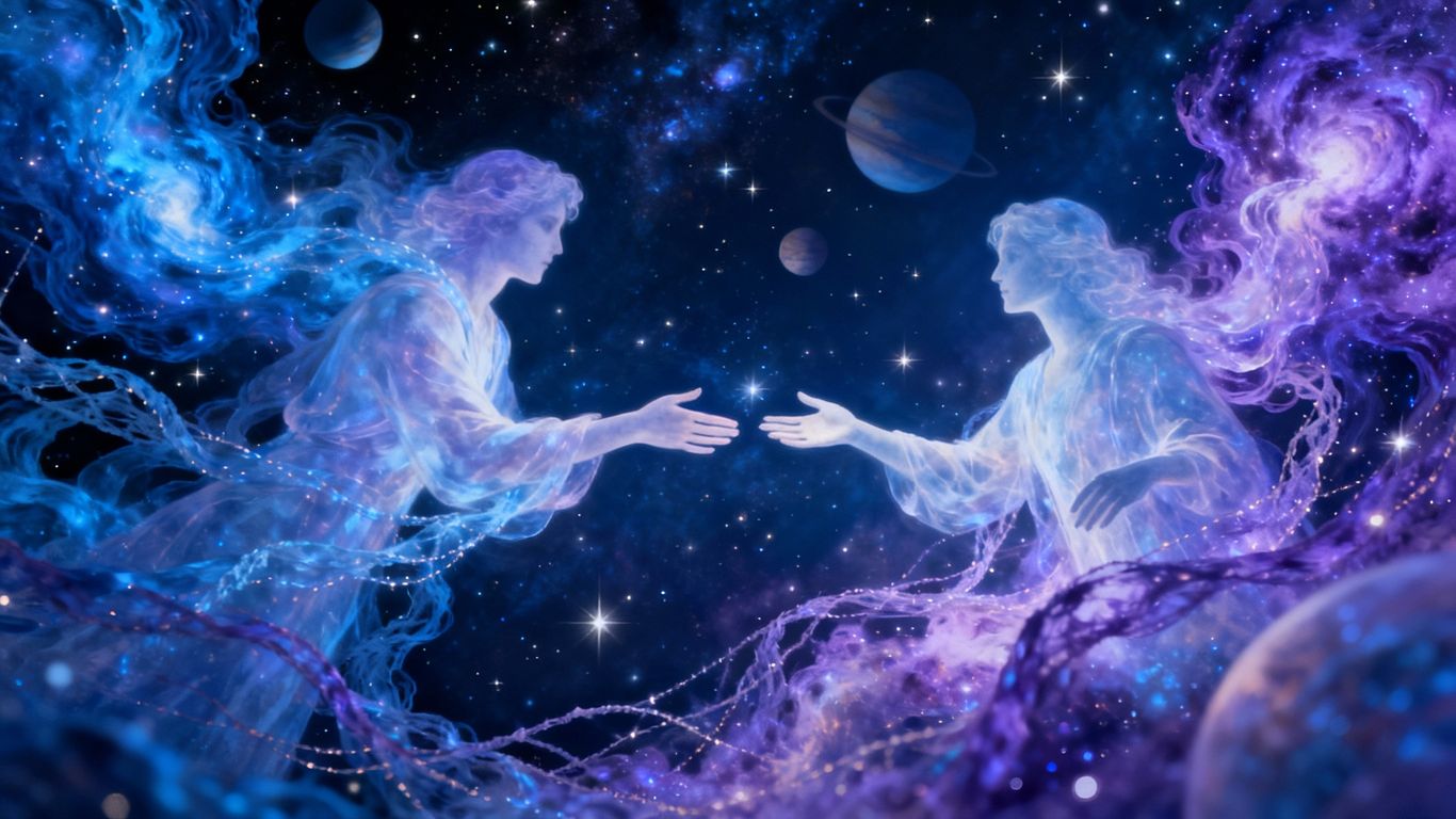 Cosmic connection between two figures, celestial background.