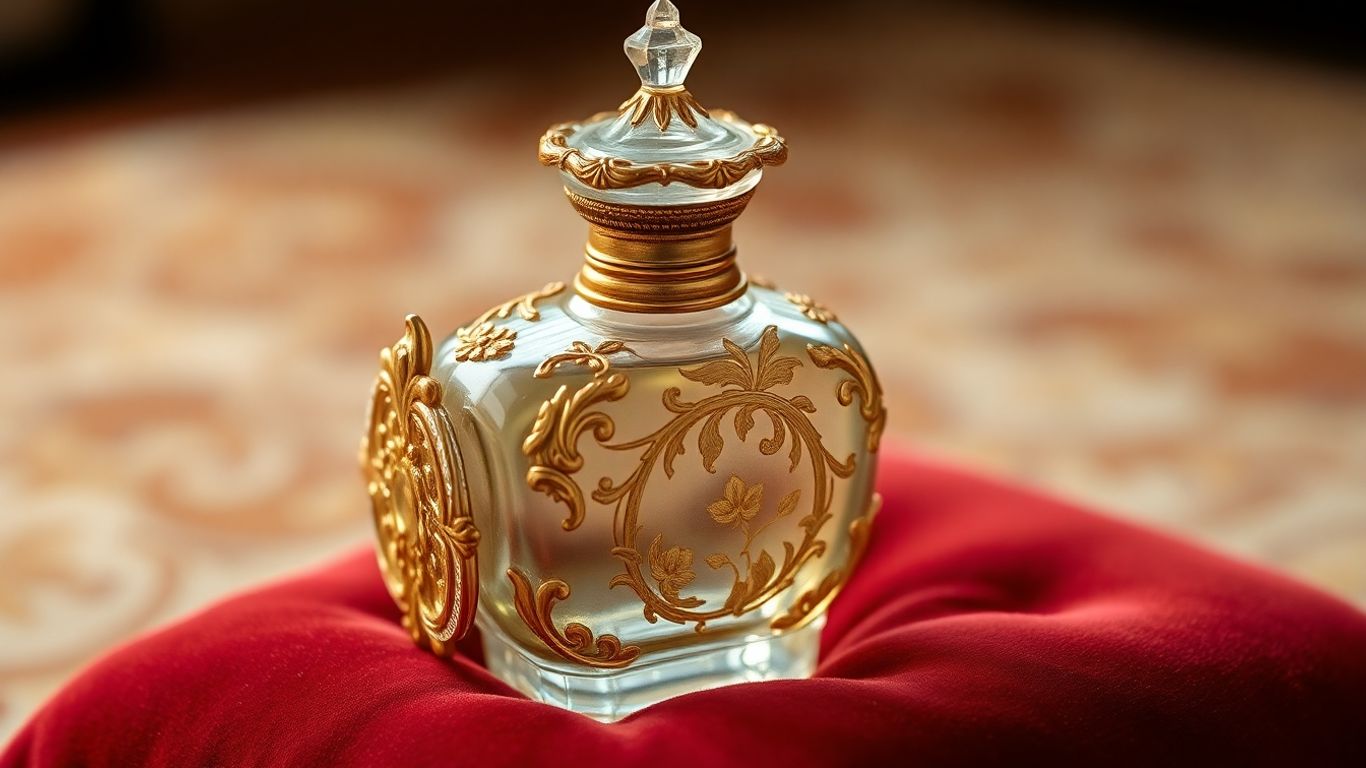 Ornate Renaissance perfume bottle on velvet cushion.