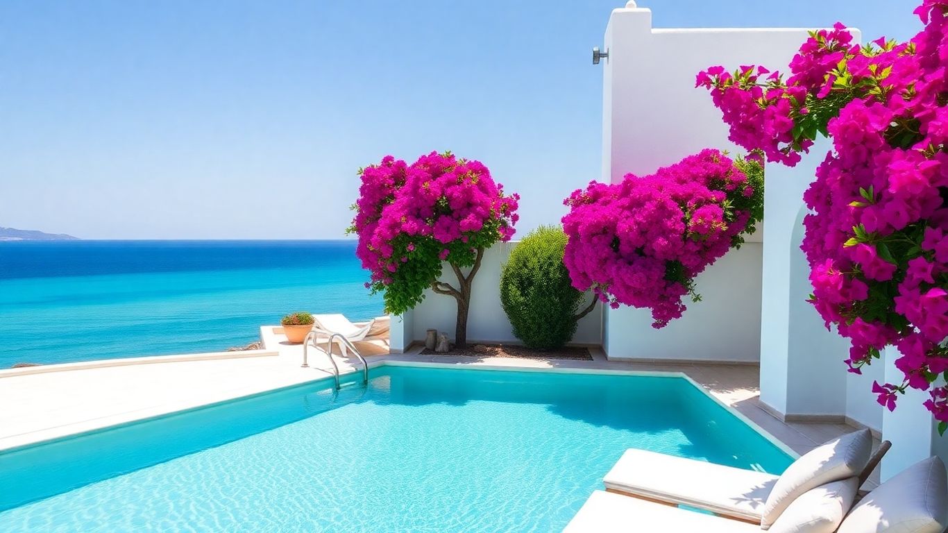 Luxury Greek villa with infinity pool overlooking the sea.