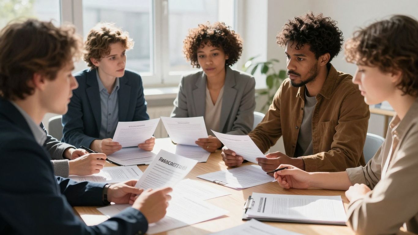Expats discussing financial documents and insurance in Germany.