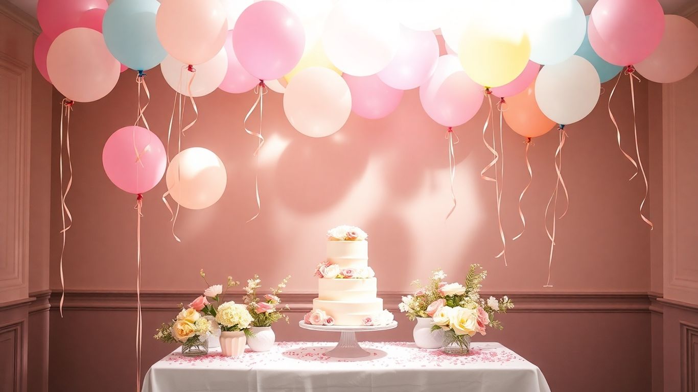 Trendy baby shower decor with balloons, cake, and flowers.