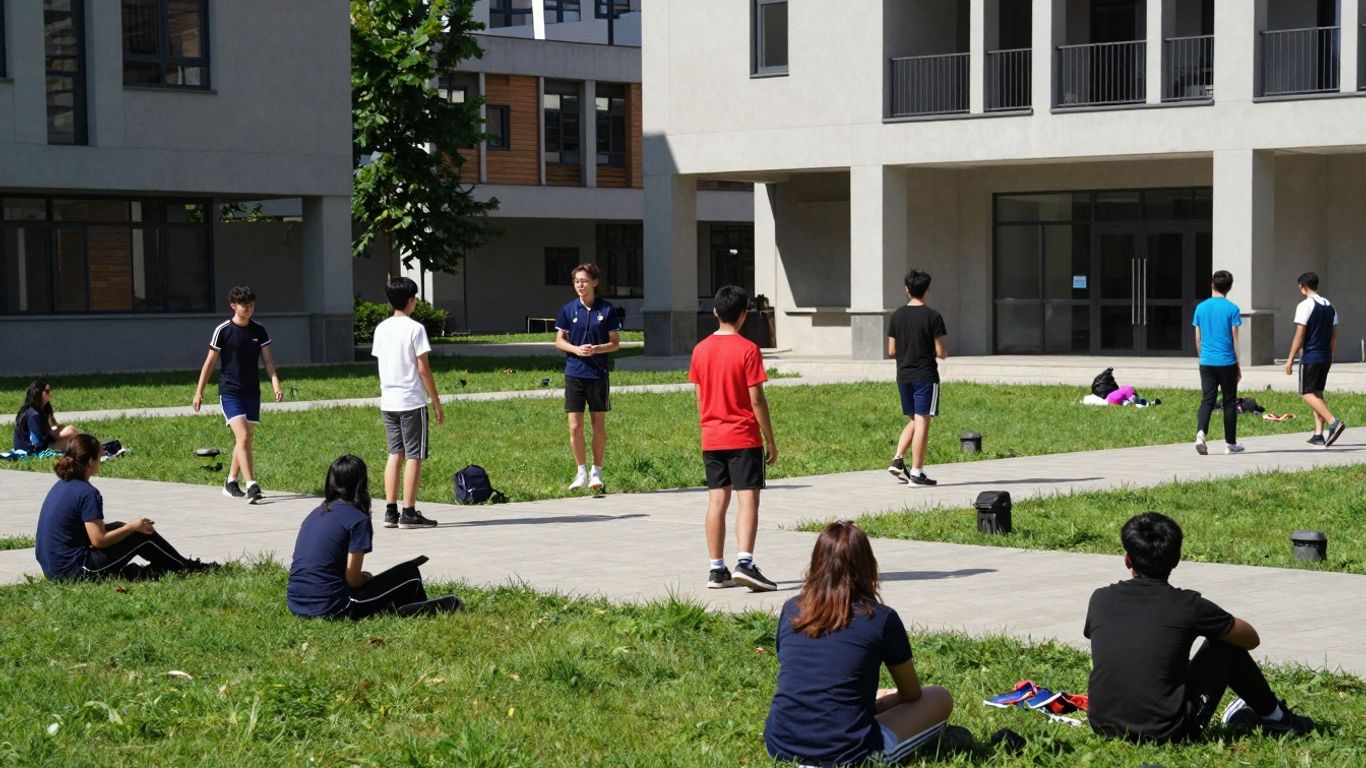 Studenci AWF Kraków na tle nowoczesnego kampusu.